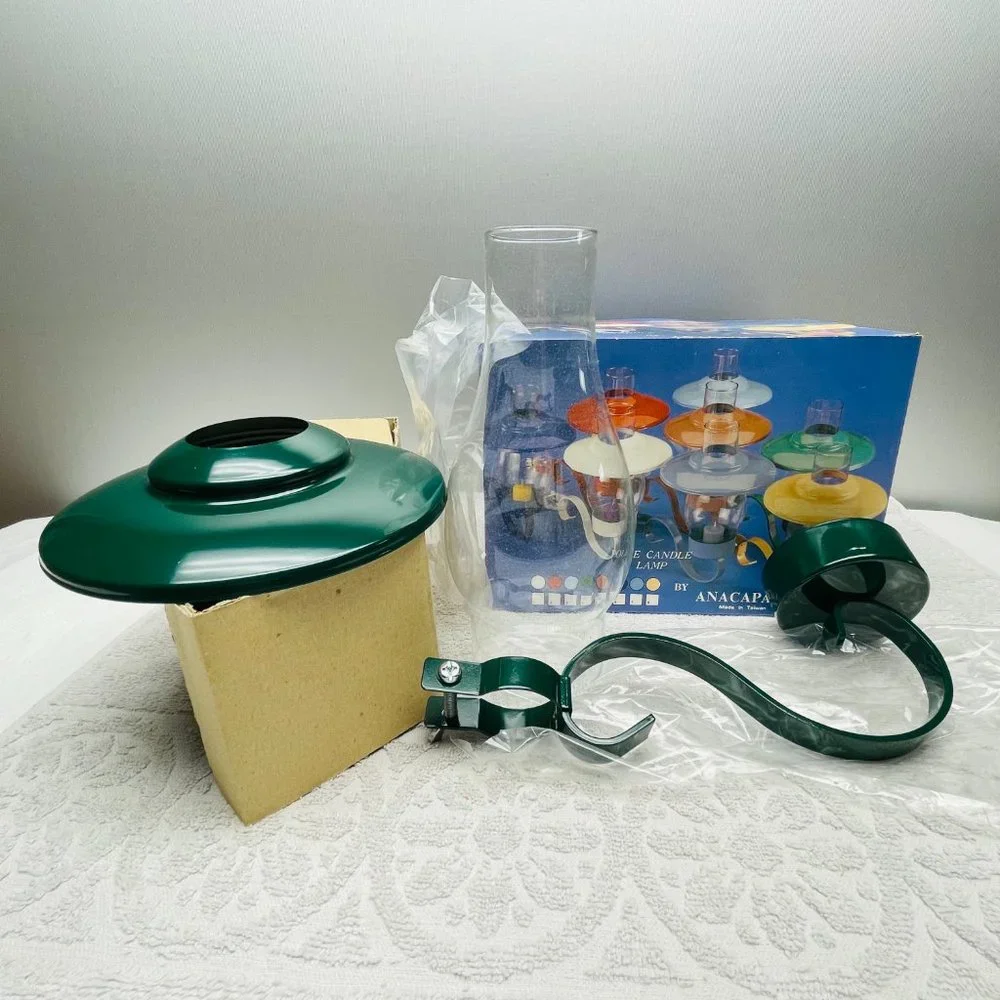 New In Box Pole Candle Lamp w/Globe, Green, Glass/Metal, Patio-Deck-Beach